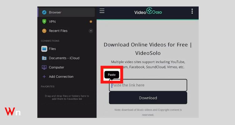 Tap and hold the “Paste the link here” field and select “Paste” to paste the video’s URL.