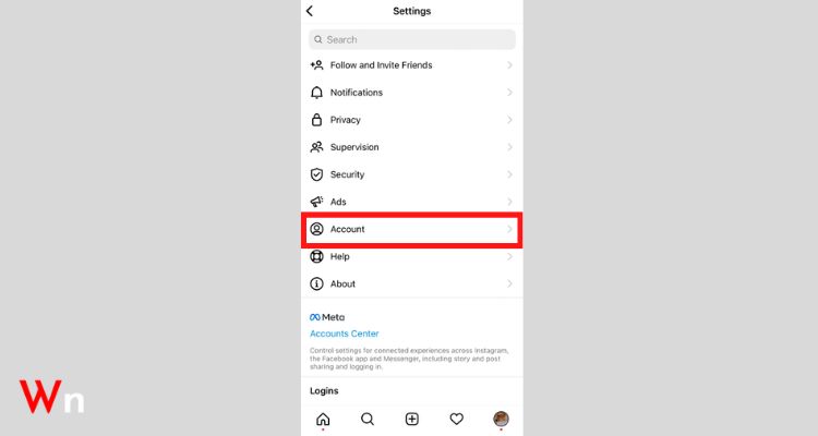 Tap the “Account” option from your Instagram profile settings.
